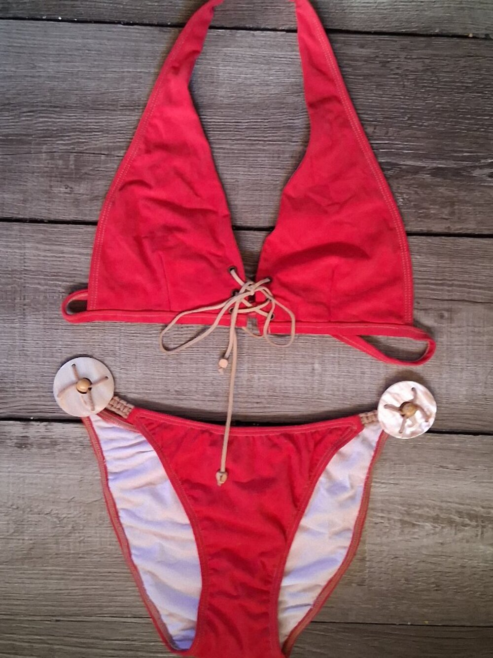 SAUVAGE California Luxury Suede Bikini RED Shell Charms Large NEW $200.+